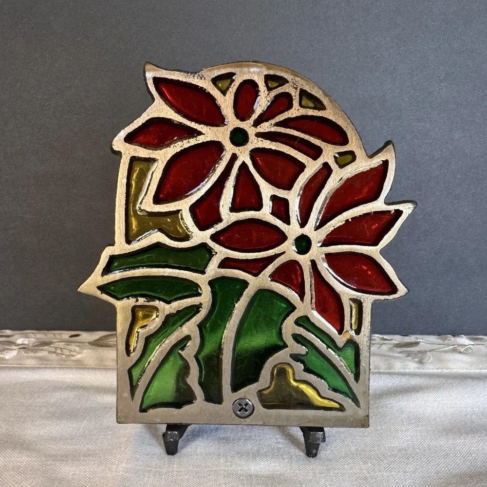 Vintage Tiffany Style Poinsettia Stained Glass Cast Iron Candle Votive Holder